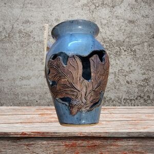 Pottery Vase Studio Art Signed Seagrove NC Acorn Oak Pierced Leaf Lovin Hillss